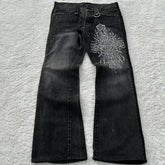 Hearujoy Y2K Black Washed Denim Pants Vintage Cross Leather Detail Micro Flared Jeans Punk High Street Western Cowboy Unisex Streetwear